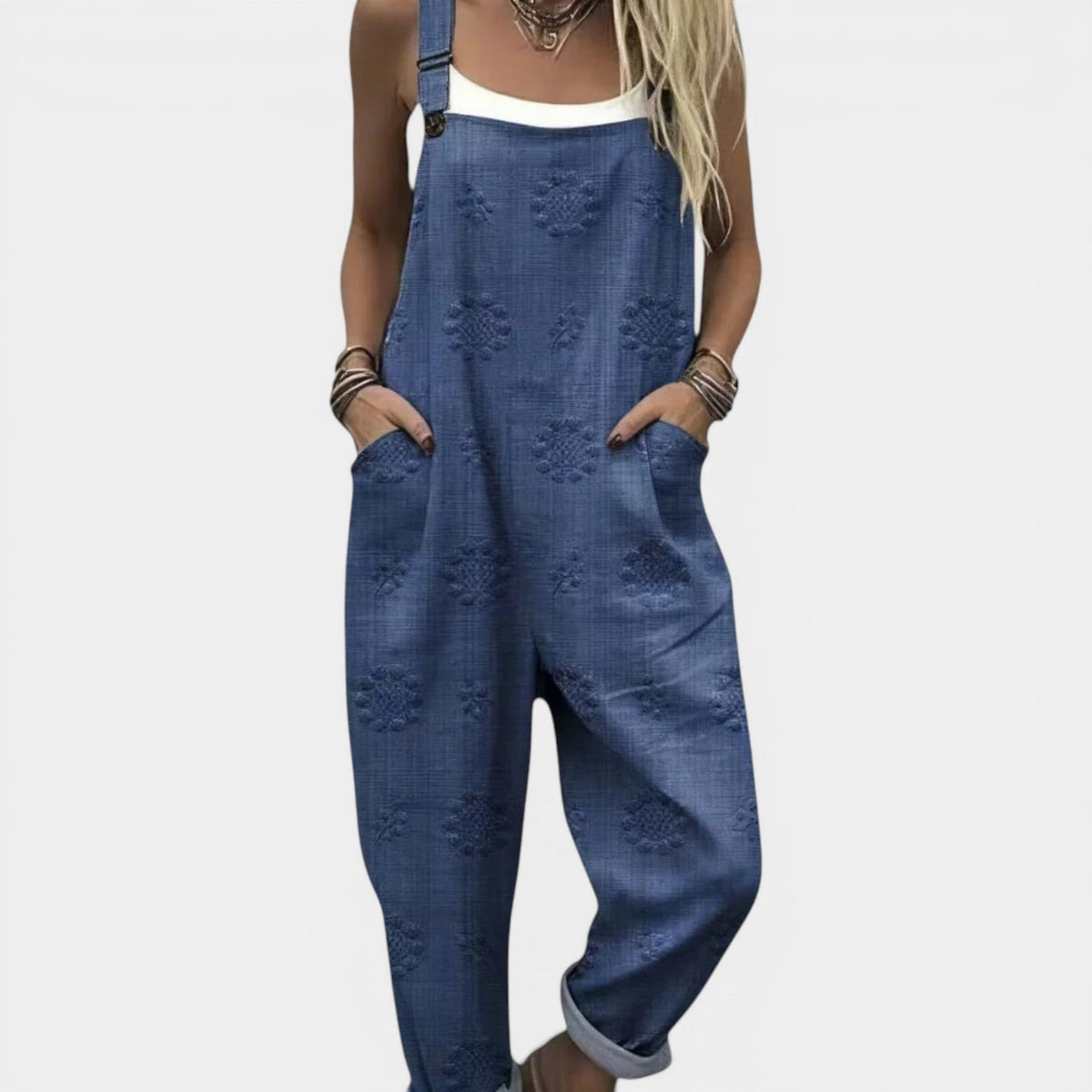 Textured Floral Sleeveless Pocket Denim Overall Jumpsuit