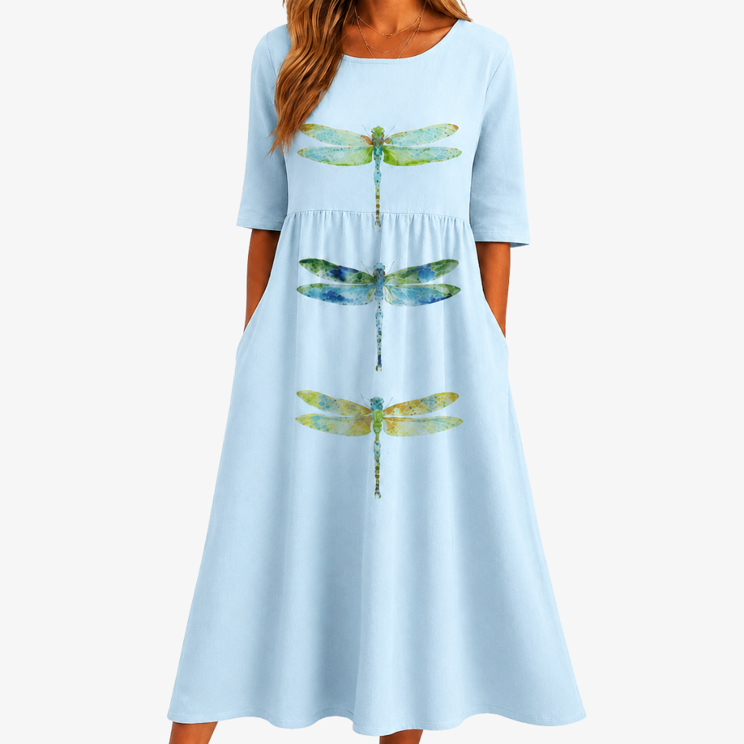 Dragonfly Print Round Neck Short Sleeve Fit and Flare Midi Dress