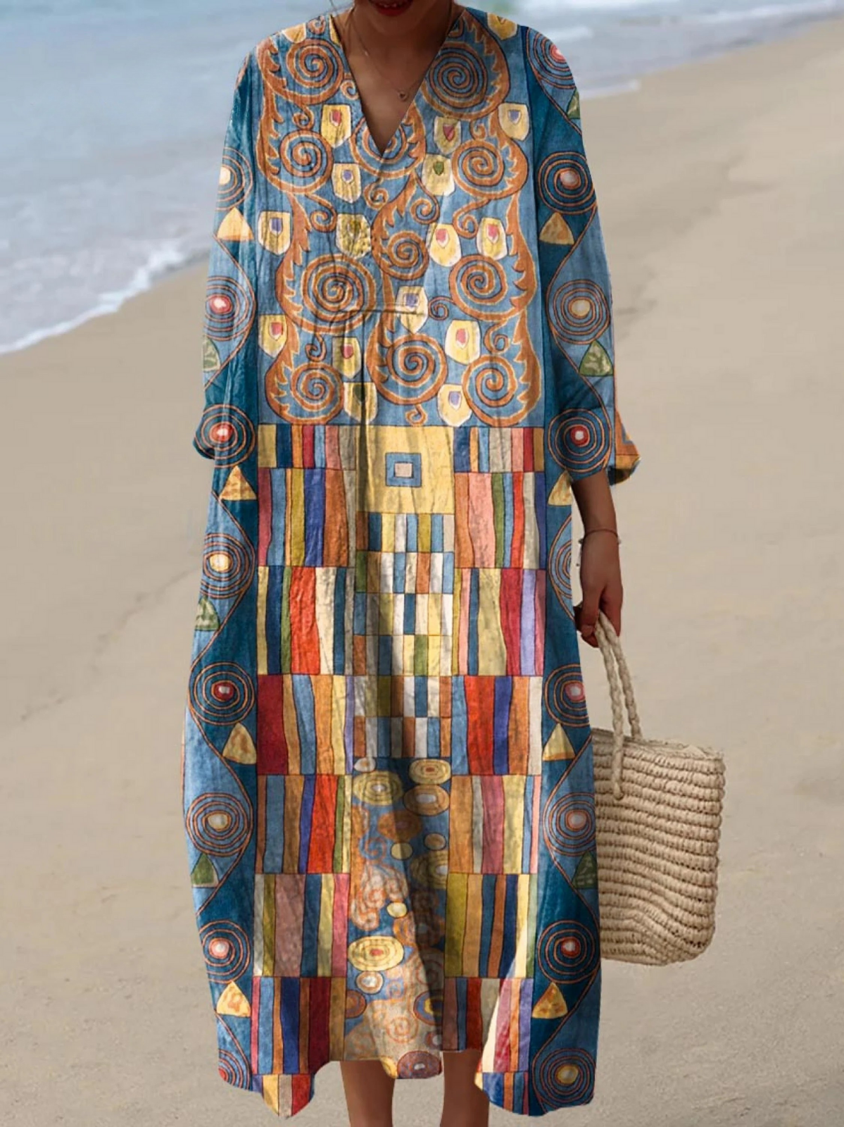 Abstract Art Print V-Neck Long Sleeve Maxi Dress