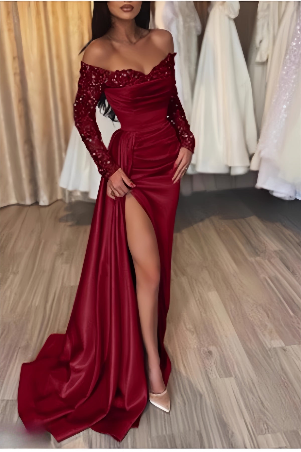 Sequin Off Shoulder Long Sleeve Draped Satin A-Line Ball Gown - View 4