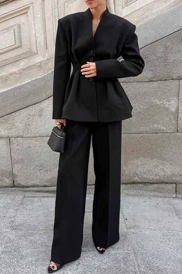 Black V-Neck Ruched Waist Blazer