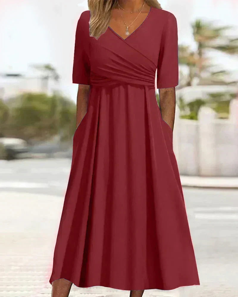 Wrap Deep V-Neck Short Sleeve Ruched A-Line Midi Dress - View 2