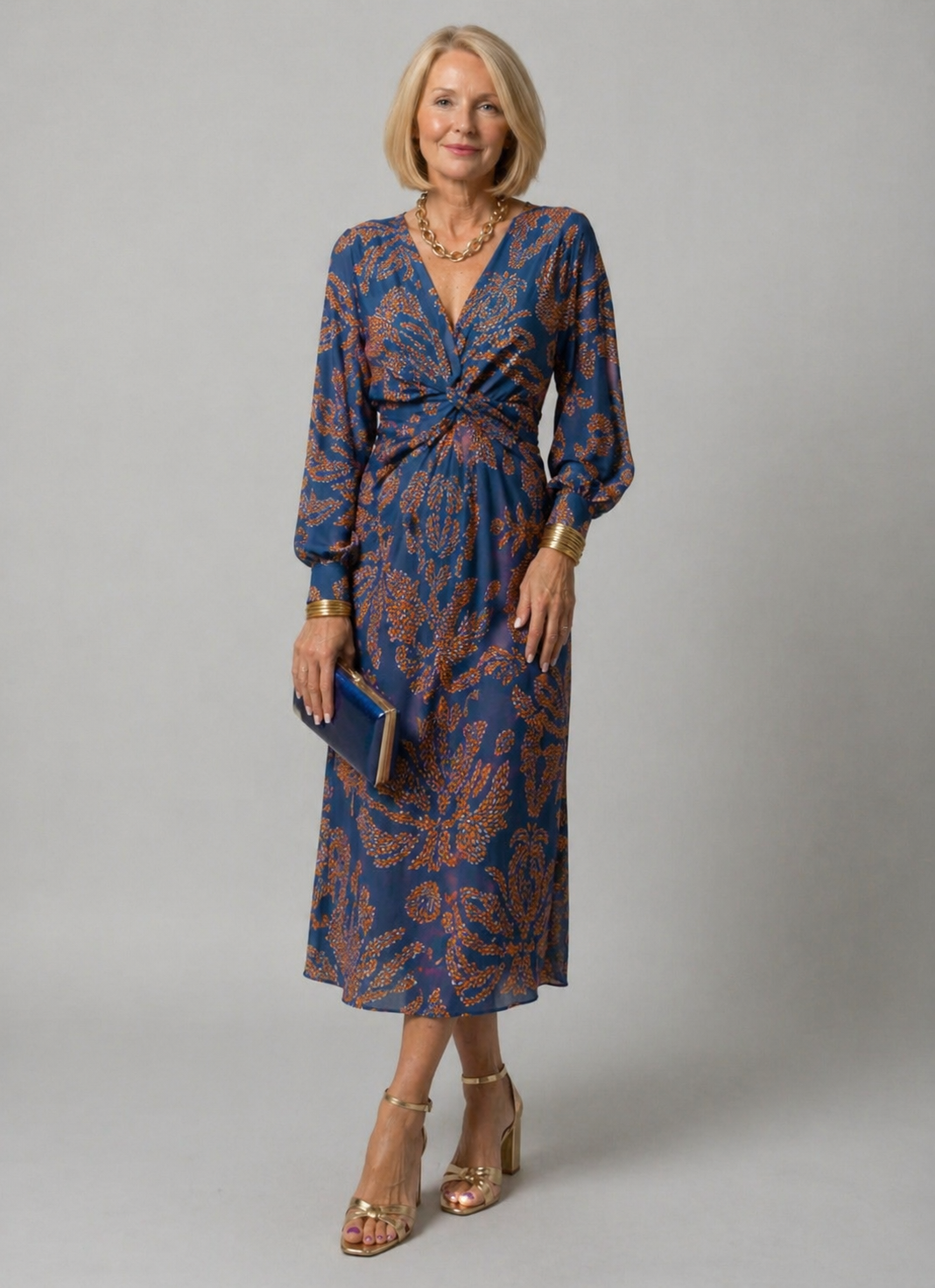 Paisley Print V-Neck Long Sleeve Twist Front Maxi Dress 3
