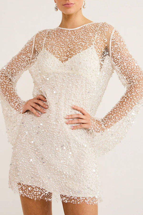 Sequin Pearl Long Sleeve Sheer Mini Dress