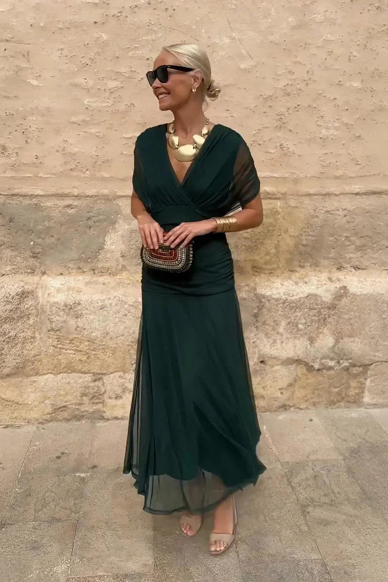 Chiffon Deep V-Neck Short Sleeve Ruched Waist Maxi Dress 7
