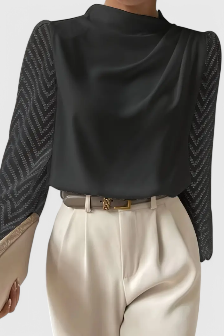 Draped Cowl Neck Sheer Mesh Long Sleeve Blouse 3