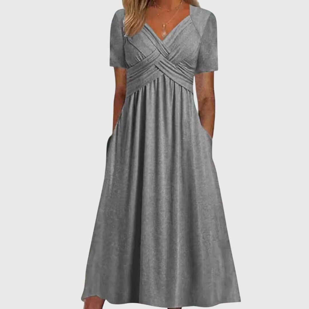 Cross Front Ruched V-Neck Short Sleeve Pocket Midi Dress 3