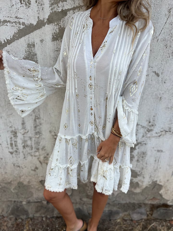 V-Neck Mandarin Collar Button Front Tiered Ruffle Lace Trim Mini Dress - View 7