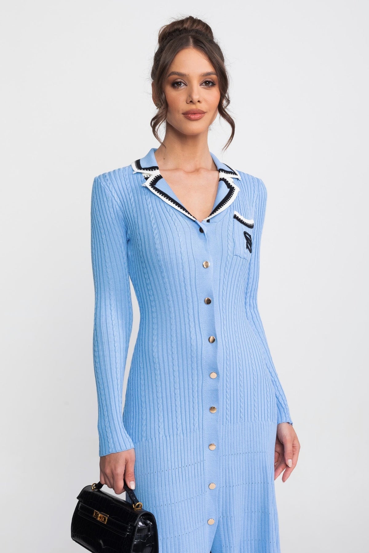 Long Sleeve Knit Midi Dress With Polo Collar And Monogram Patch - Blue - View 4
