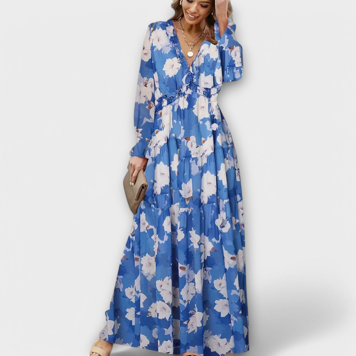 Floral V-Neck Long Sleeve Tiered Maxi Dress 3