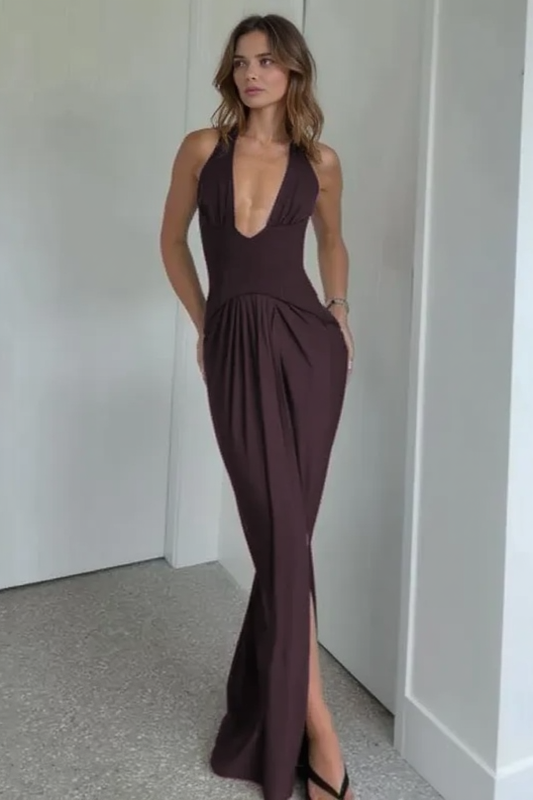 Solid Backless Sleeveless Deep V Halter Party Dress