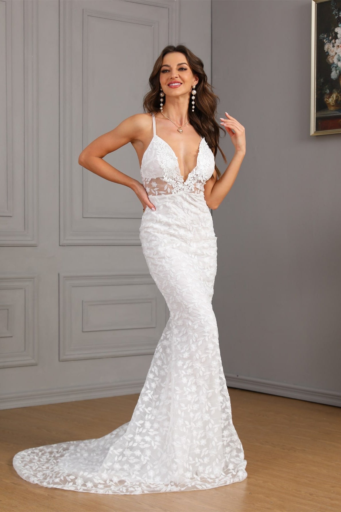 Floral Lace Deep V-Neck Spaghetti Strap Mermaid Maxi Gown - View 3