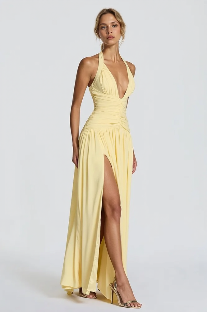 Halter Neck Deep V-Neck Ruched High Split Maxi Dress - View 2
