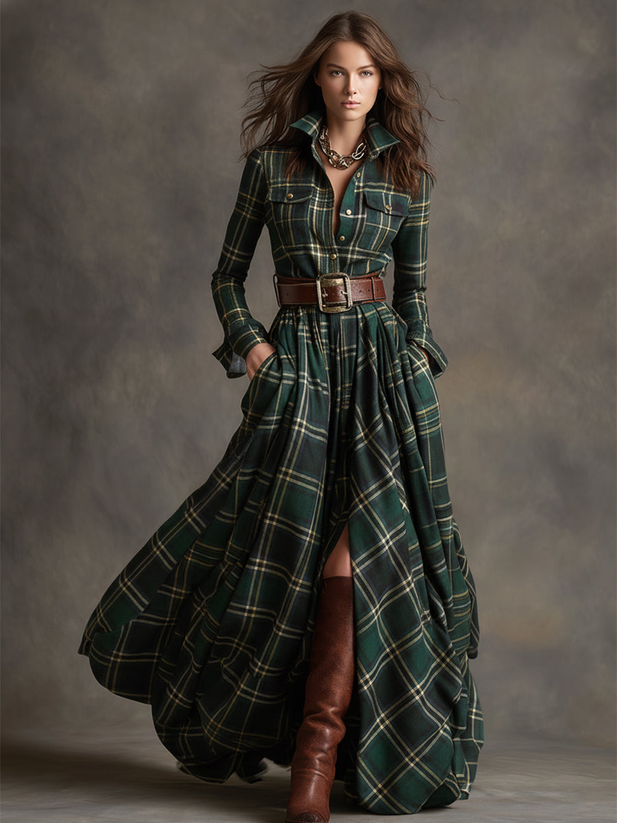 Collared Long Sleeve Belted Plaid Shirt Maxi Dress 10