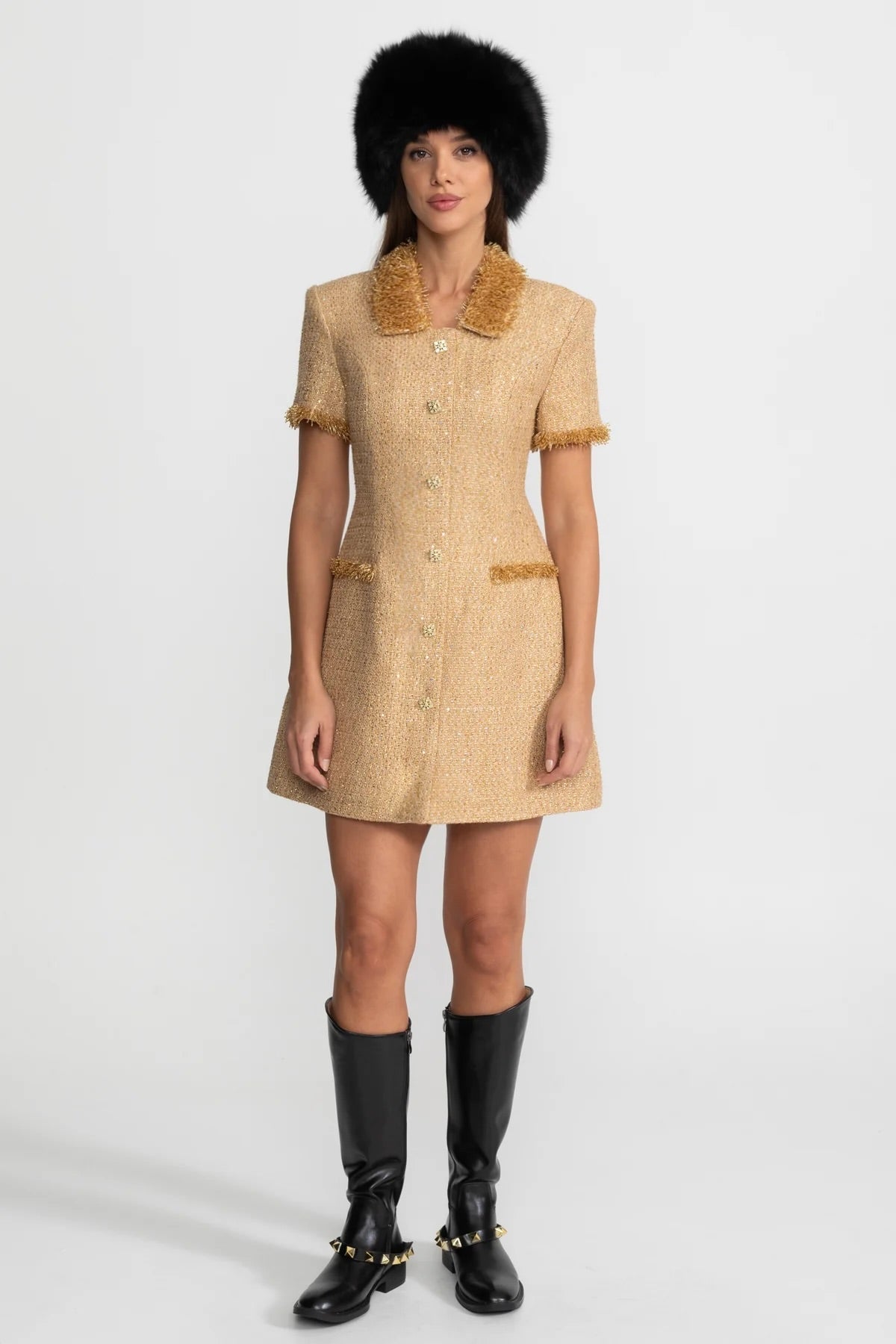 Sequin Tweed Fringe Trim Sleeveless Button Front Pocket Mini Set - View 5