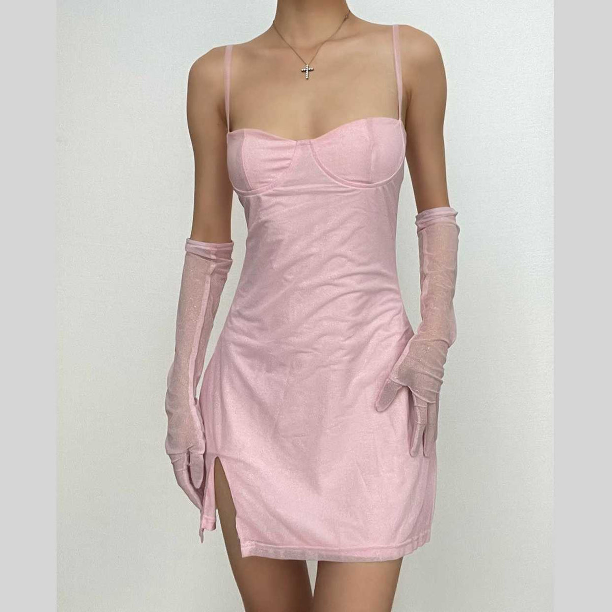Textured mesh gloves sweetheart neck zip-up slit cami mini dress - View 13