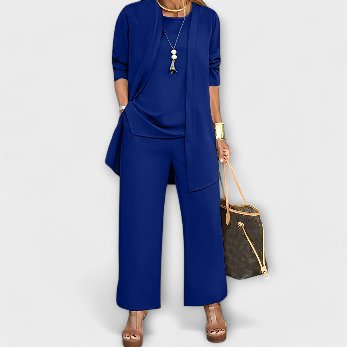 Longline Duster Cardigan Top and Wide Leg Pants Three Piece Set 7