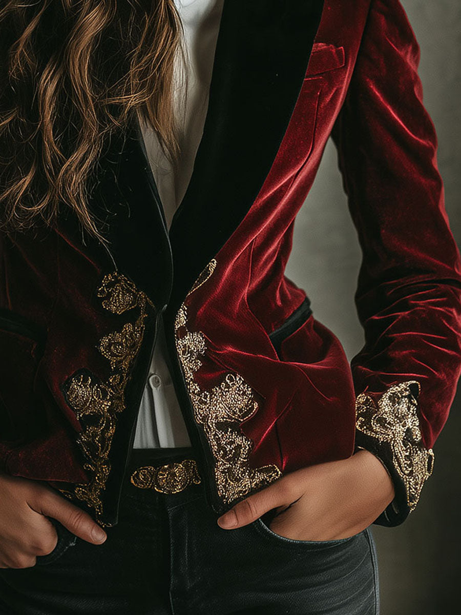 Embroidered Velvet Peak Lapel Single Button Blazer 6