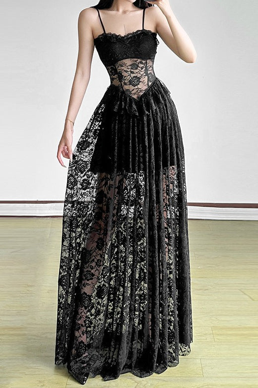 Sleeveless Ruffled Waist Maxi Lace Dress - View 7