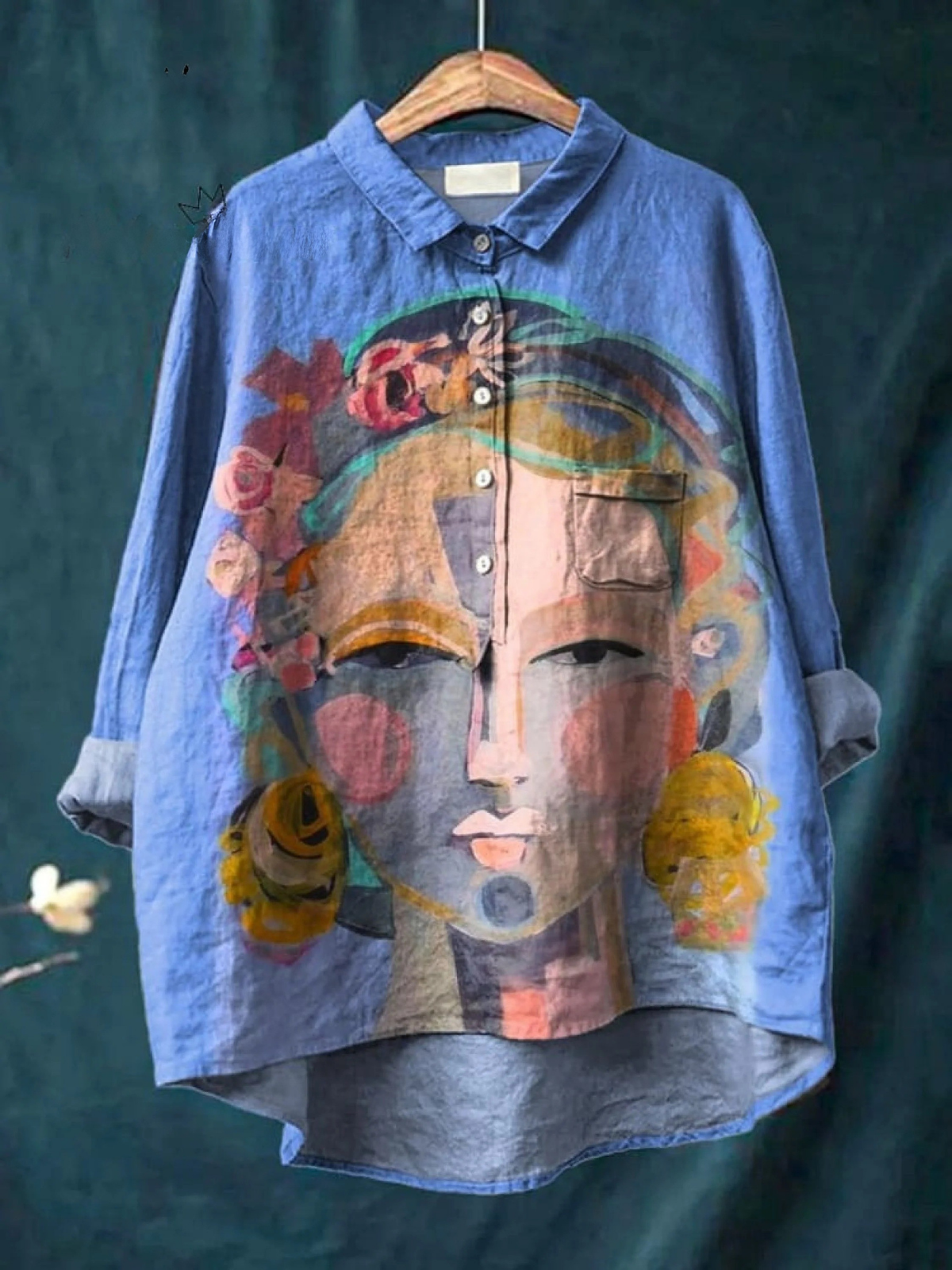 Abstract Face Portrait Art Print Collared Long Sleeve Shirt 3