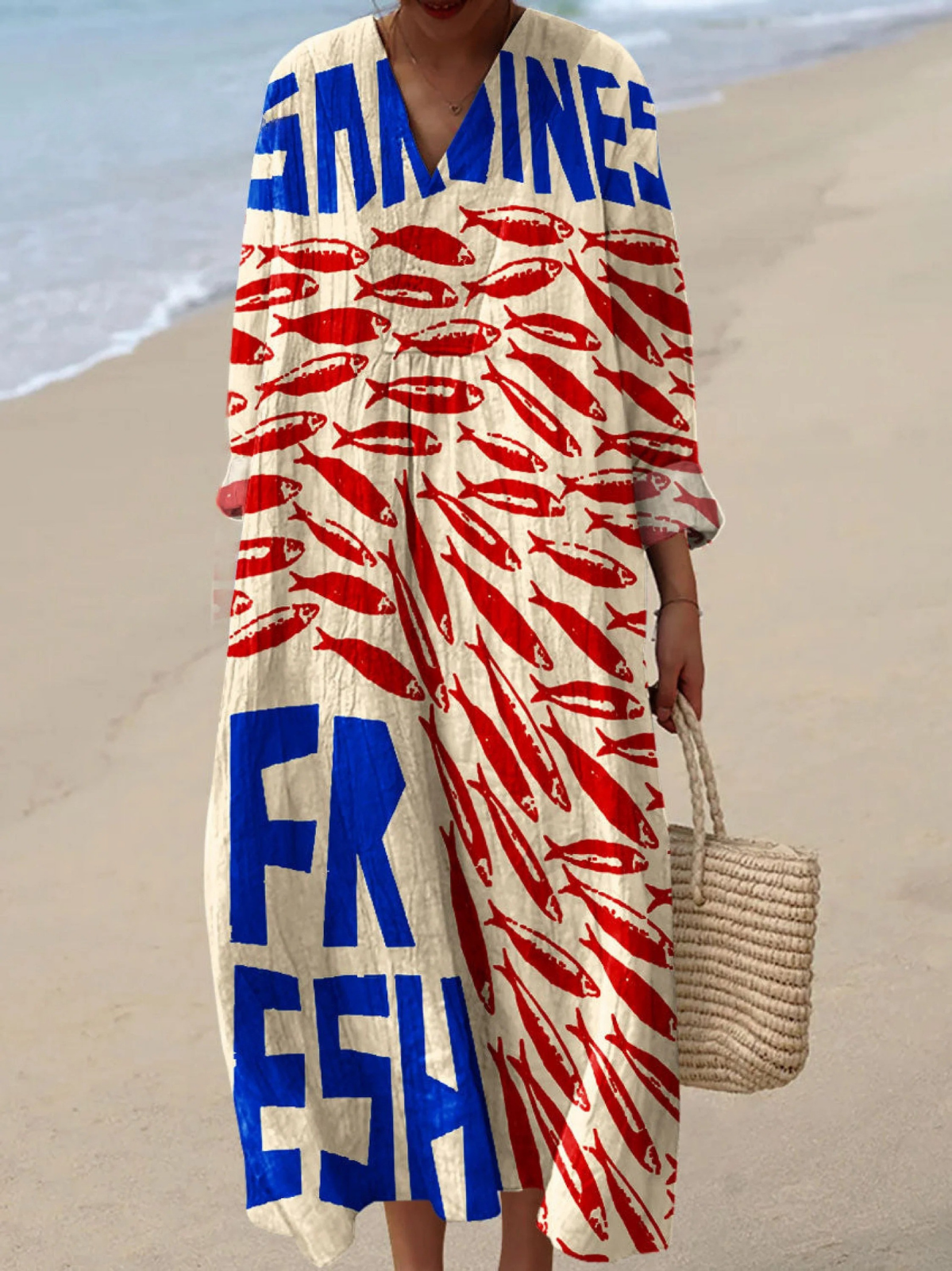 Fish Graphic Print V-Neck Long Sleeve Beach Maxi Dress 2