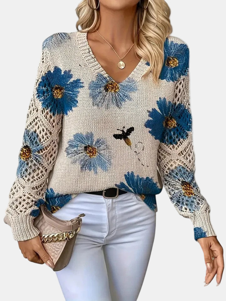 Floral Print V-Neck Crochet Sleeve Knit Sweater
