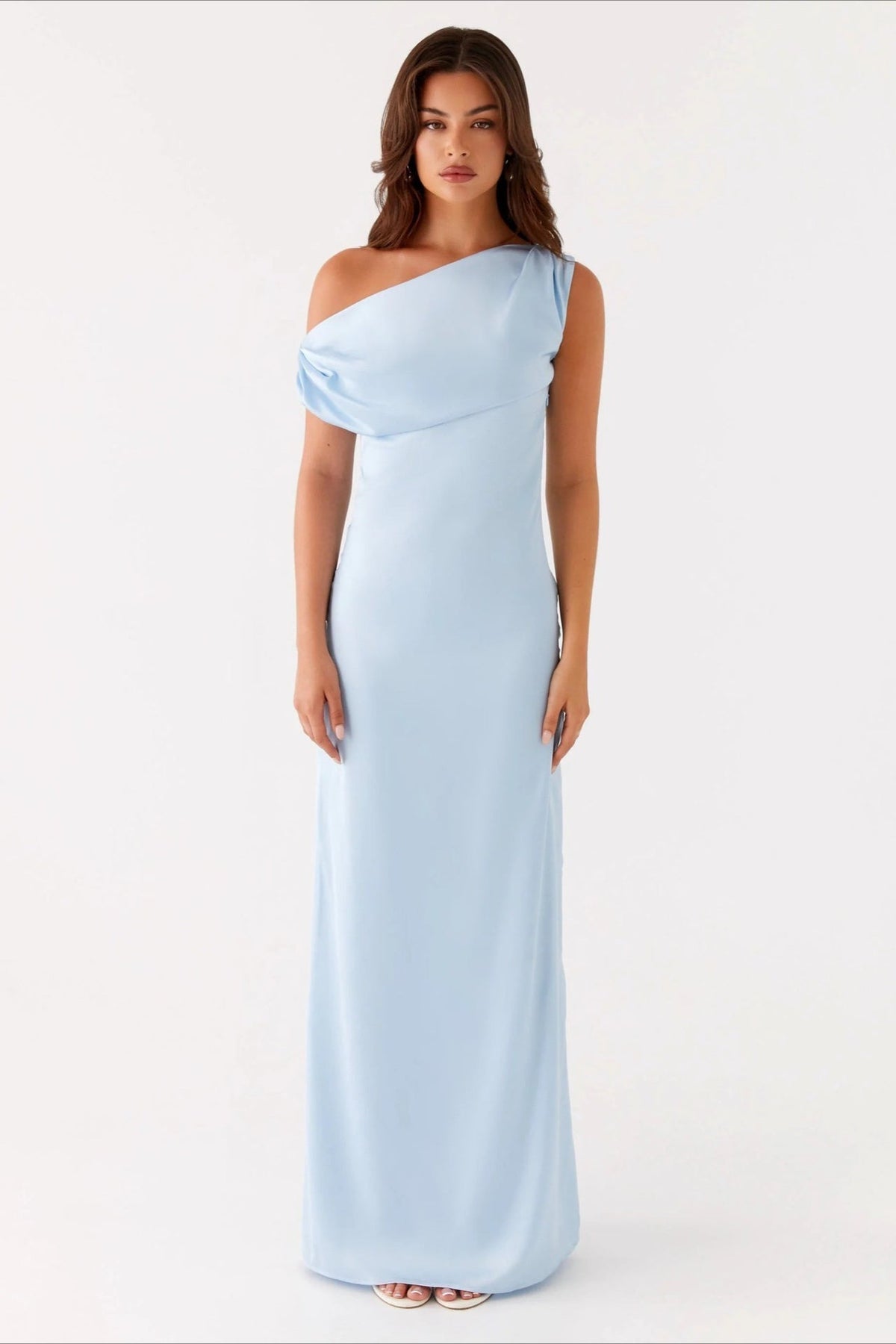 Satin Asymmetric One Shoulder Ruched Maxi Gown - View 5