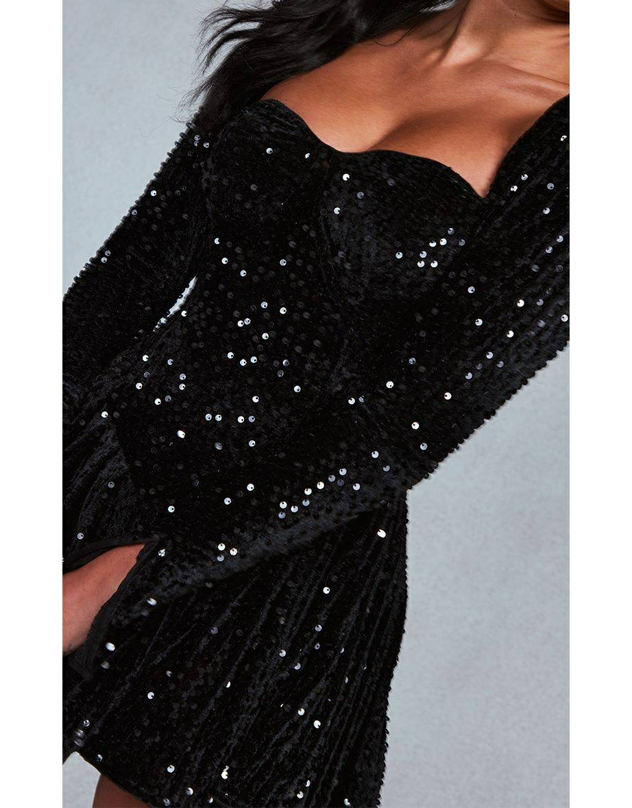 Sequin Velvet Square Neck Long Sleeve Fit and Flare Mini Dress - View 3