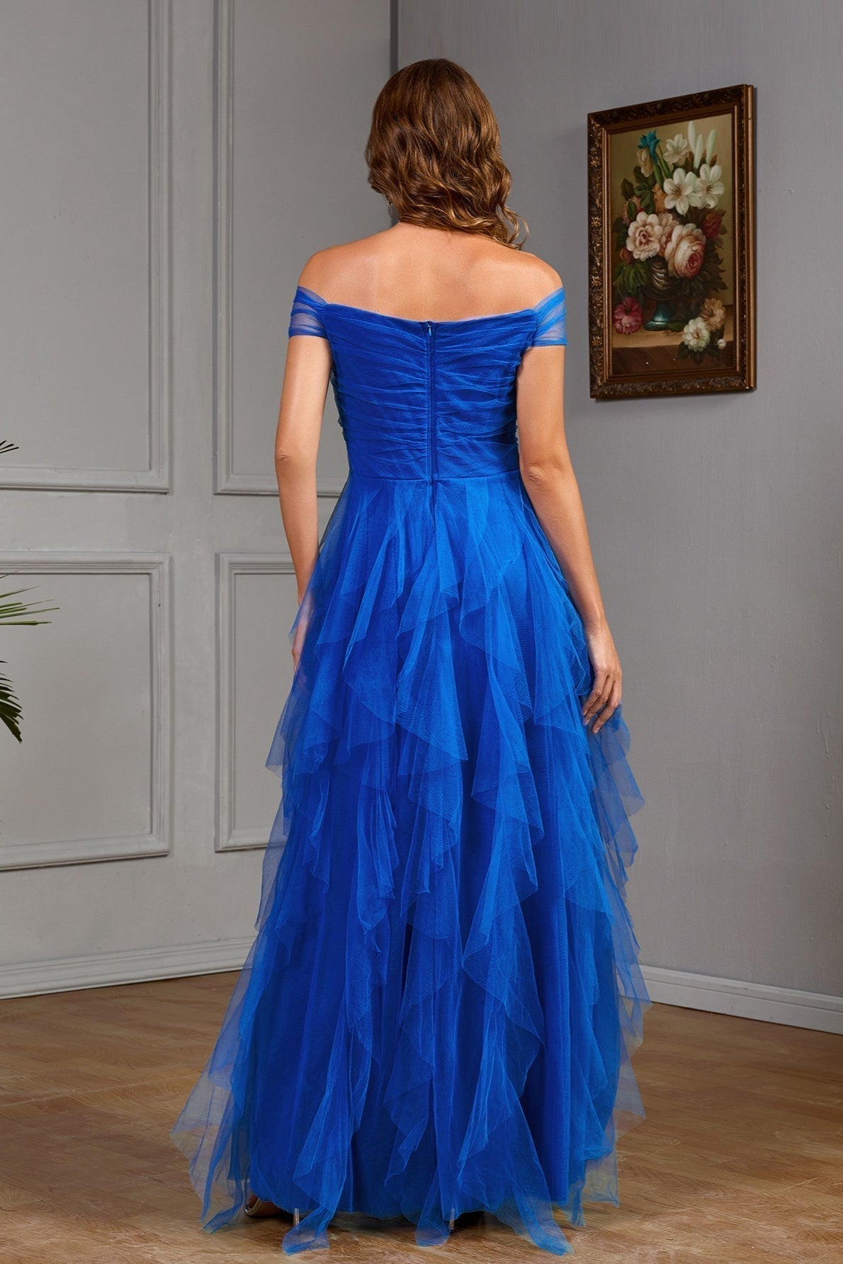 Off Shoulder Sweetheart Ruched Tiered Tulle A-Line Maxi Gown - View 3