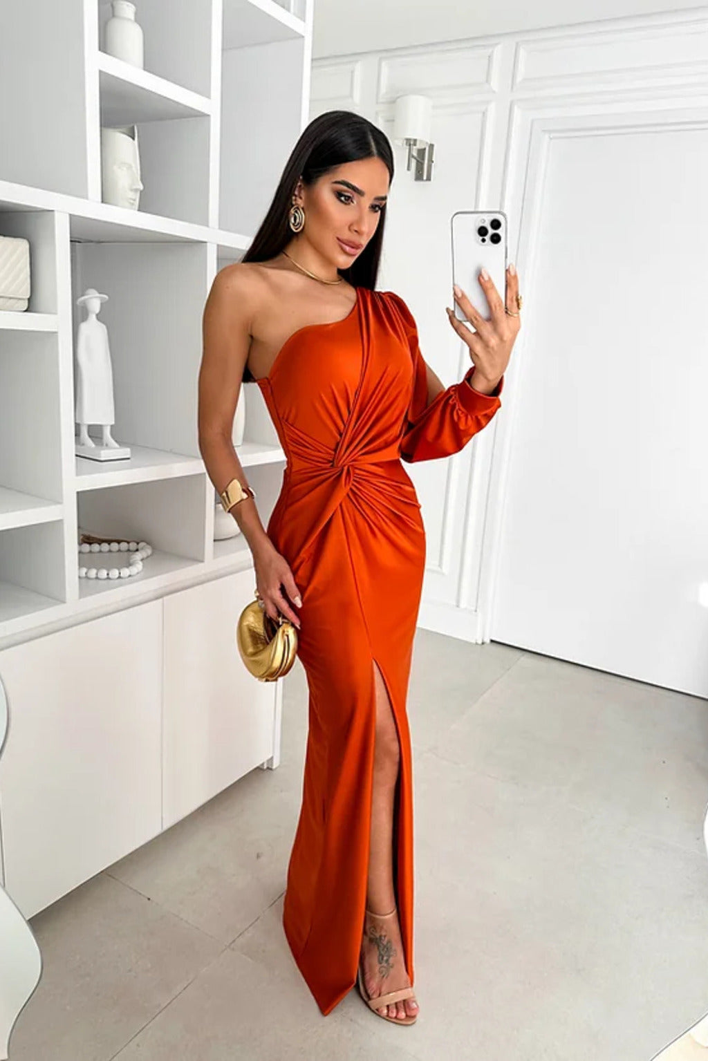 Satin One Shoulder Draped Bishop Sleeve Twist Waist Midi Dress - View 24