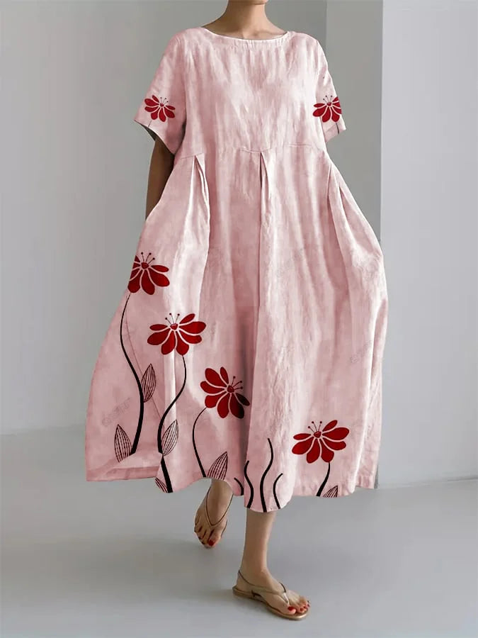 Floral Print Round Neck Short Sleeve Oversized Midi Dress 2