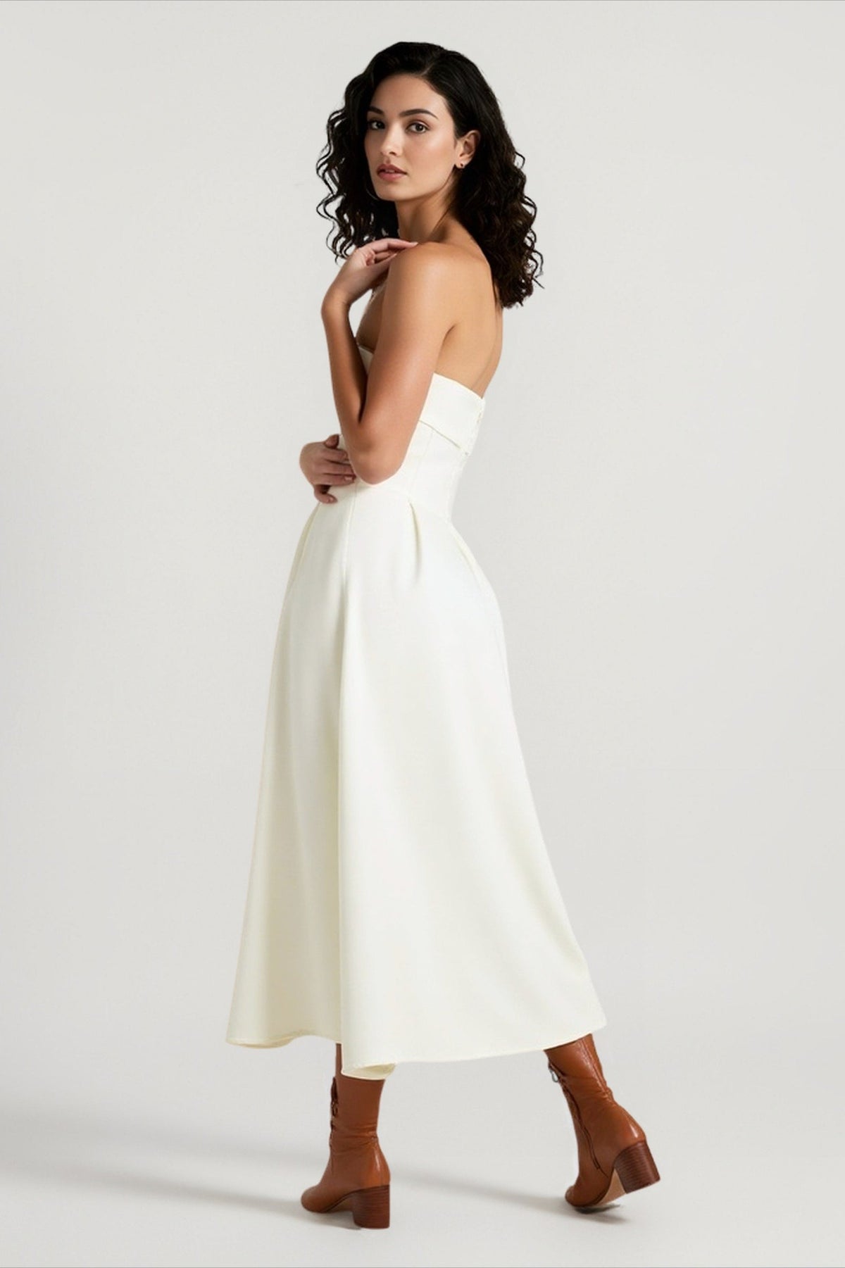 Strapless Fold Over Neck Pleated Fit and Flare Midi Cocktail Dress - View 6
