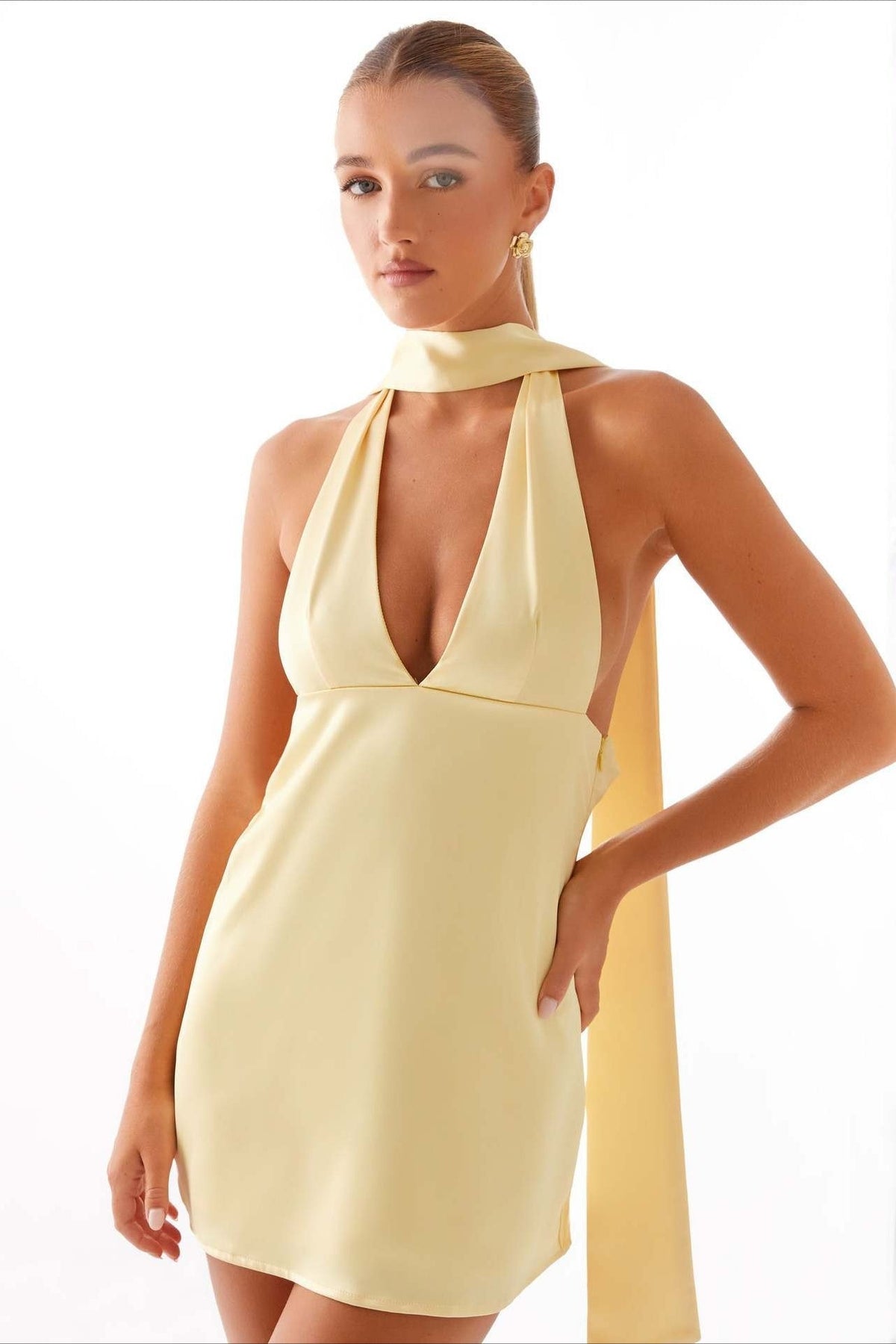 Satin Halter Scarf Neck Deep V-Neck Cut Out Mini Cocktail Dress - View 20