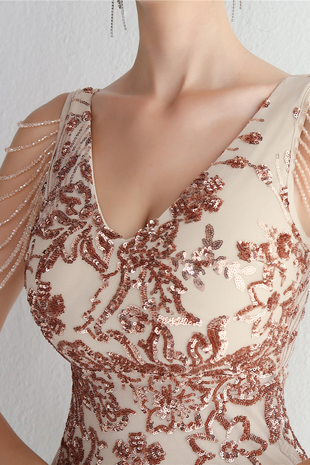 Sequin V-Neck Beaded Fringe Sleeve Mermaid Evening Gown - View 6