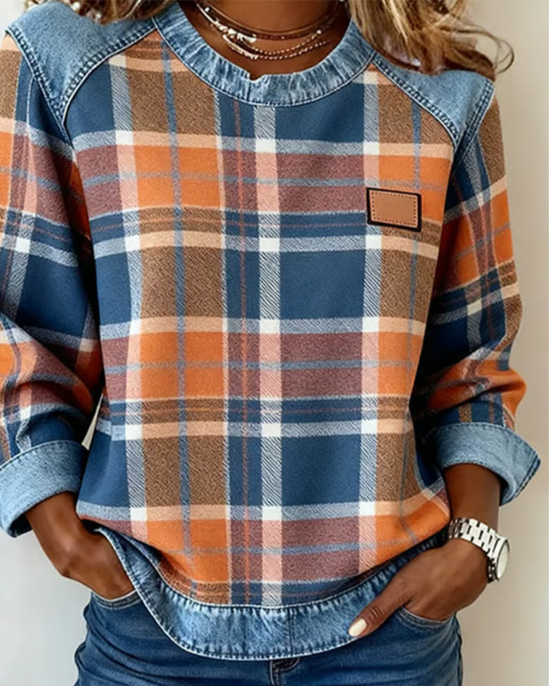 Crew Neck Plaid Denim Contrast Long Sleeve Sweatshirt 3