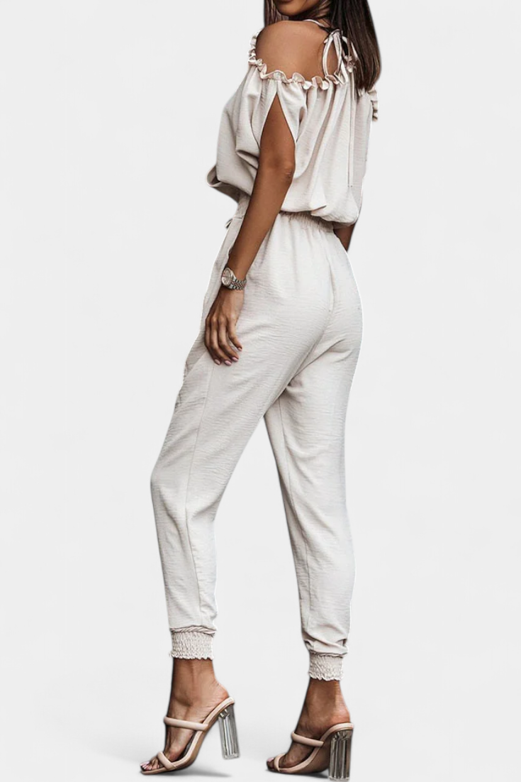Cold Shoulder Wrap V-Neck Smocked Waist Tapered Jumpsuit 2