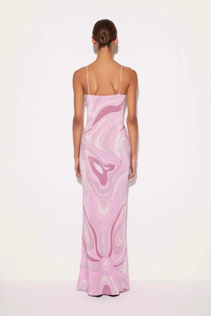 Spaghetti Strap Deep V-Neck Abstract Print Satin Slip Maxi Dress - View 3
