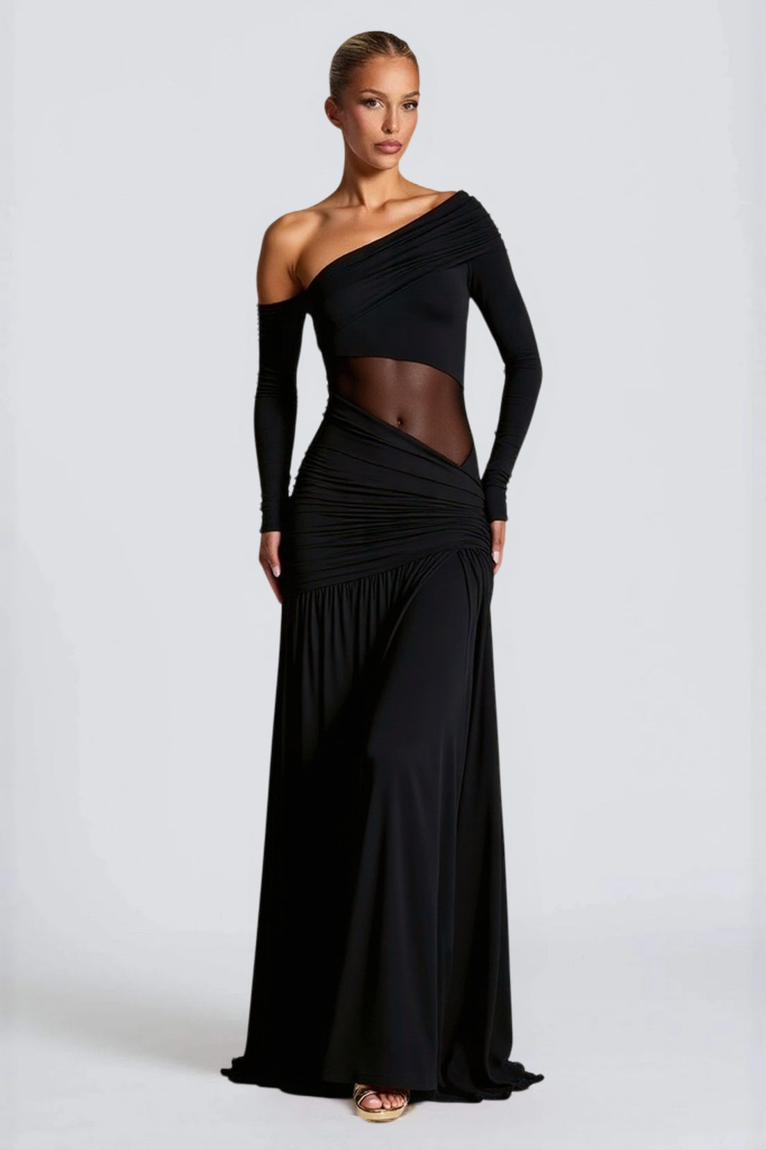 Off Shoulder Long Sleeve Ruched Sheer Bodycon Maxi Dress - View 5