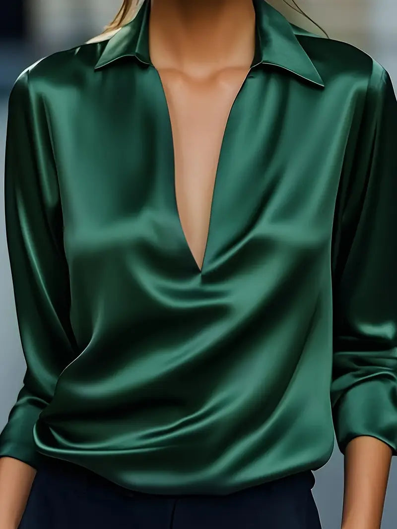 Collared Deep V-Neck Long Sleeve Satin Blouse 21