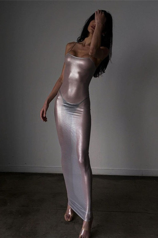 Spaghetti Strap Sheer Shimmer Bodycon Slip Maxi Dress - View 2