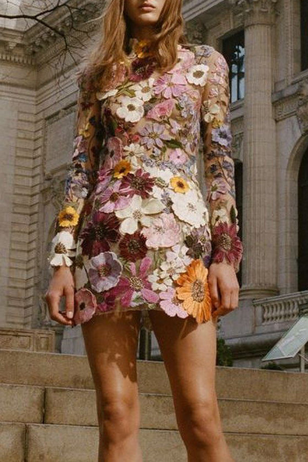 Floral Applique Long Sleeve Sheer Bodycon Mini Dress - View 6