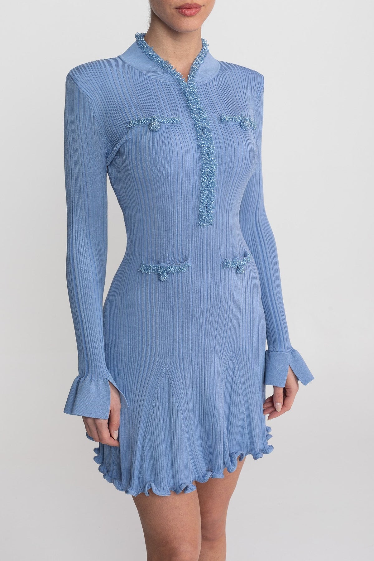 Ribbed Knit Mini Dress With Beaded Trim Detailing - Blue - View 4