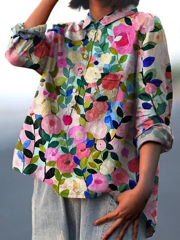 Floral Print Long Sleeve High Low Button Shirt 2