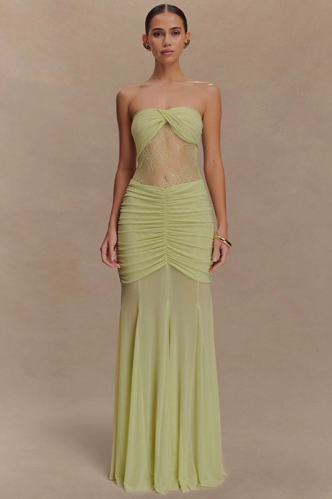 Strapless Twist Front Lace Corset Ruched Mermaid Maxi Dress
