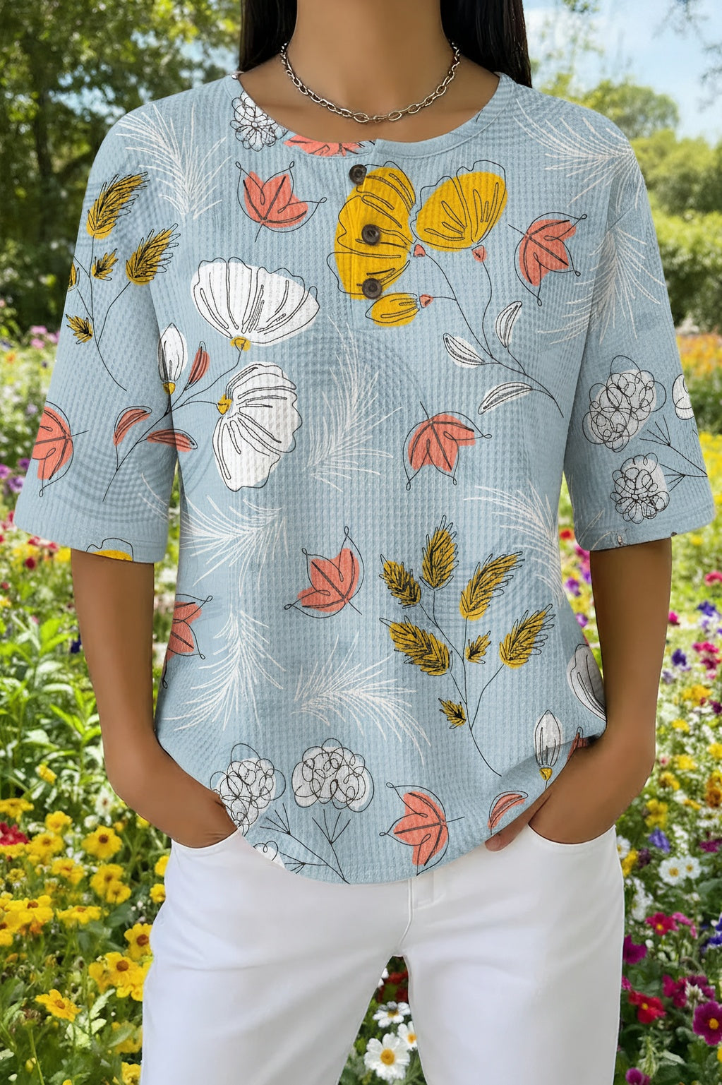 Floral Leaf Print Waffle Knit Henley Short Sleeve Top