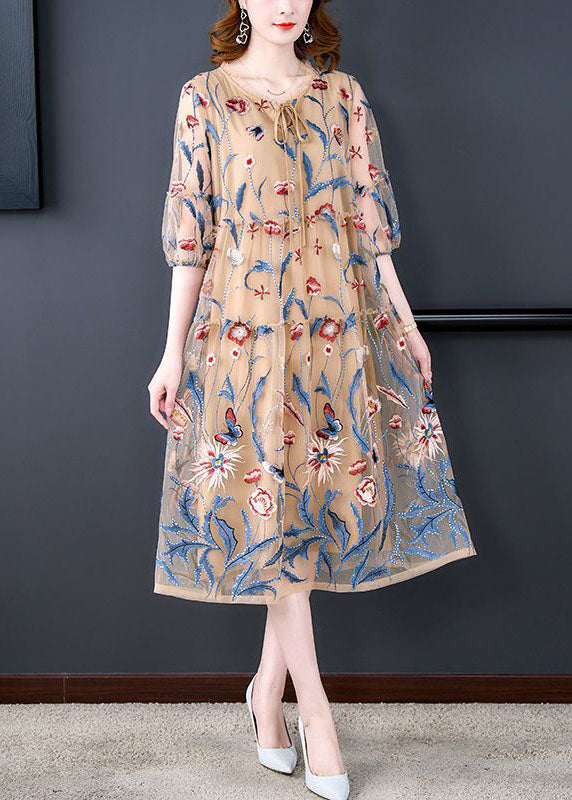 Embroidered Floral Butterfly Mesh Tiered Round Neck Tie Bow Midi Dress - View 5