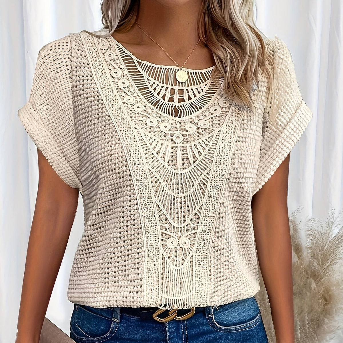 Crochet Lace Panel Round Neck Short Sleeve Waffle Knit Top 2