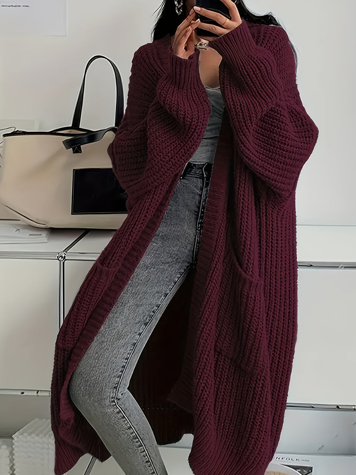 Waffle Knit Longline Open Front Cardigan 6