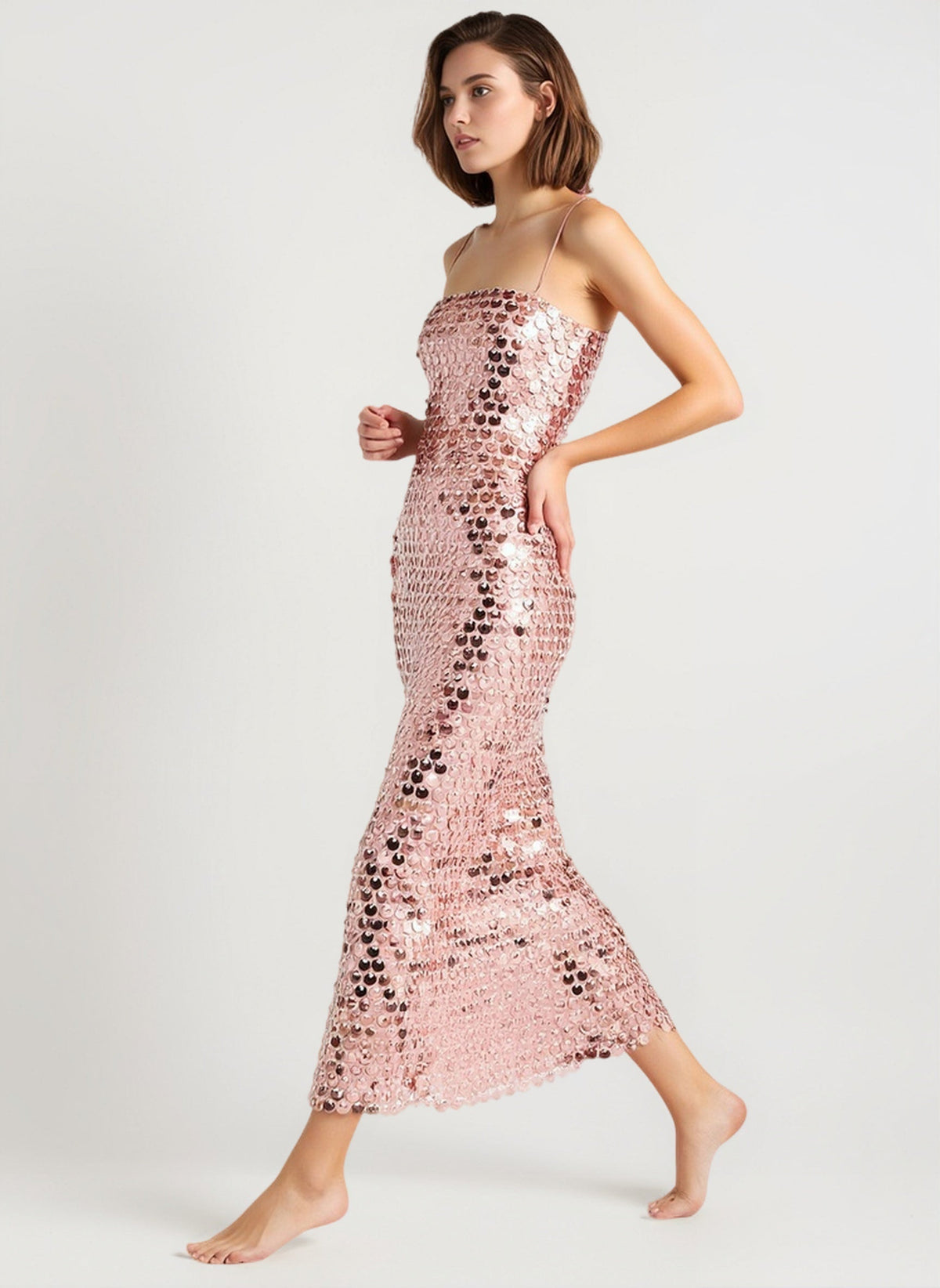 Sequin Striped Spaghetti Strap Square Neck Bodycon Midi Dress - View 4