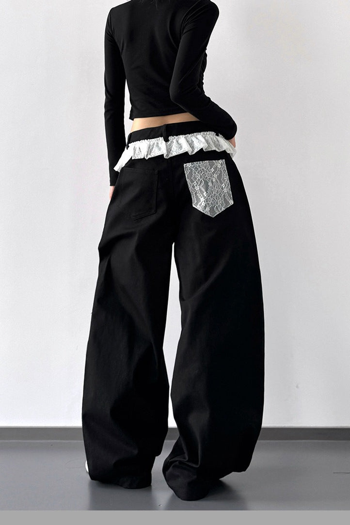 High-Waist Lace Wide-Leg Denim Jeans